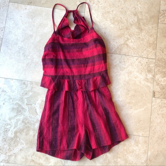 Amandi Striped, Linen, Ruffle Back, Romper with Pockets NWT Women’s Size X-Small - Picture 3 of 8